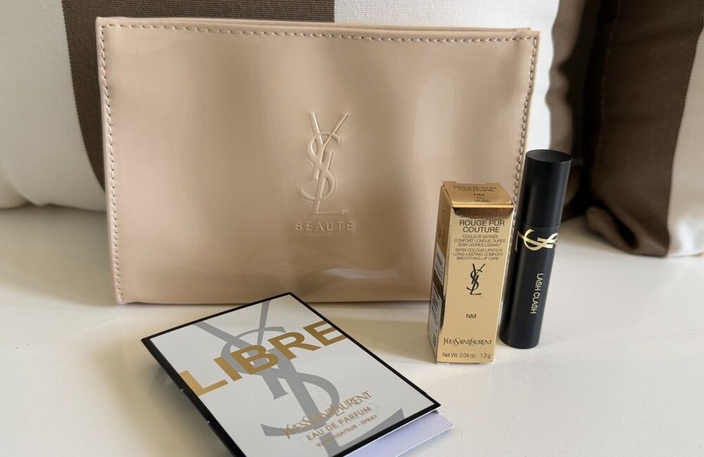 YSL Beauty Cosmetic Tan Patent Leather Pouch Mini Perfume, Lipstick & Mascara